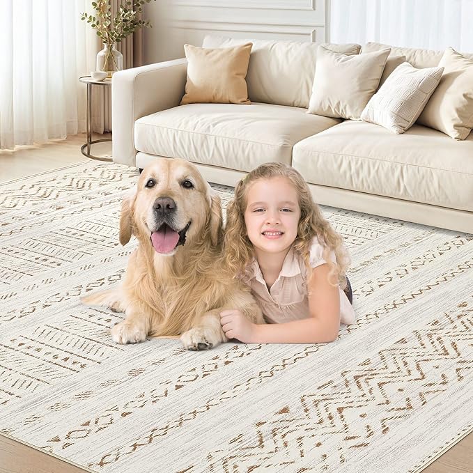 cotiled 5x8 Area Rug Living Room: Washable Boho Rugs with Non Slip Backing Large Soft Indoor Stain Resistant Carpet for Bedroom Farmhouse Dining Room Lightweight Home Decor Brown/Cream