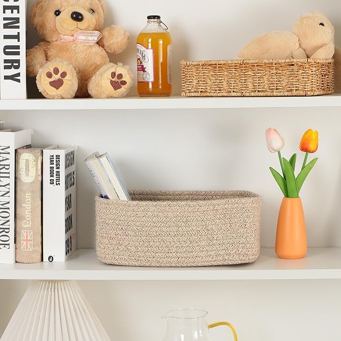 MiniArk Small Storage Baskets for Organizing | Closet Organizer Bins | Shelf Toy Basket | Woven Rope Baskets | Cube Decorative Box | Shallow Basket | 11.5x7.5x4.7” | 4 Packs Mixed Brown