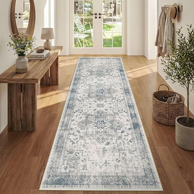 Rugxara 2'6" x 8' Hallway Runner Rug, Non Slip Boho Runner Rugs for Hallway, Kitchen, Entrance, Bathroom, Laundry Room, Soft Ultra-Thin Entryway Carpet, Throw Low Pile Retro Carpet, Blue/Grey