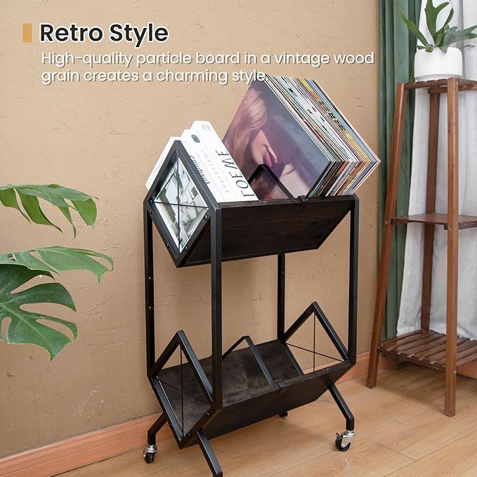 SwaaVee Vinyl Record Storage Holder with Wheels, 2-Tier Record Holder 160-200 LP with Dividers, Retro Style Quick Assembly Vinyl Record Display for Albums, Magazine, Book, Files (2 Tier- Black)