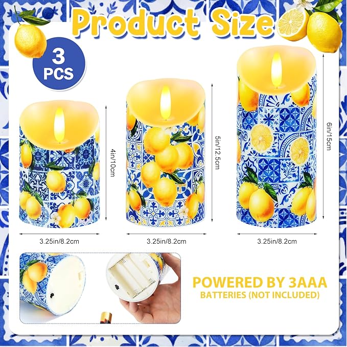 3 Pcs Capri Blue White Lemon Flameless Candles Battery Operated LED Mediterranean Blue White Flickering Pillar Blue Tiles Lemon Printed Faux Candle for Capri Party Wedding Home Party