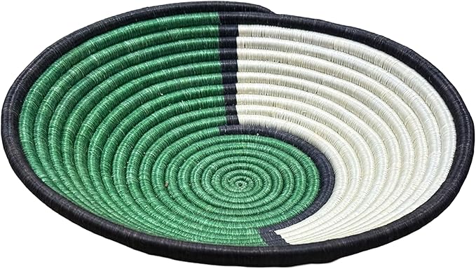 Handwoven African Basket Handmade sisal Fruit Bowl Wall Hanging decorative Baskets for Home Living Room Kitchen Centerpiece Zen Designs Arts and Crafts (Green Black White, 8in diameter)