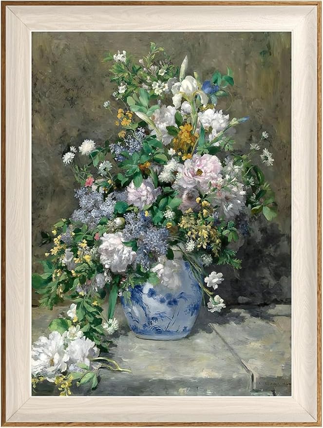 ASTRDECOR Framed Canvas Prints Art Vintage Decor for Living Room, Wildflowers Prints Botanical Wall Art Home Decor, Aesthetic Classical Floral Paintings, Bouquet in Blue White Porcelain Vase 12"x16"