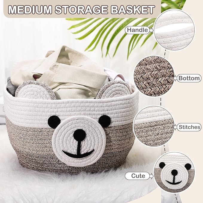 Zopeal Easter Bear Basket 13" D x 9.5" H for Nursery Cotton Rope Woven Bear Gift Empty Storage Basket with Handles Animal Hamper for Baby Shower Laundry Bathroom Home Decorative