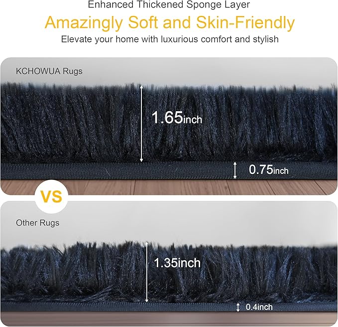 KICHOWUA Thick Area Rug Black Fluffy Shag 3x5 for Bedroom, Ultra Soft Thickened Plush Washable Carpet, Non-Slip Cozy Shaggy Fuzzy Rug for Living Room Nursery Dorm Playroom Kids Baby Room