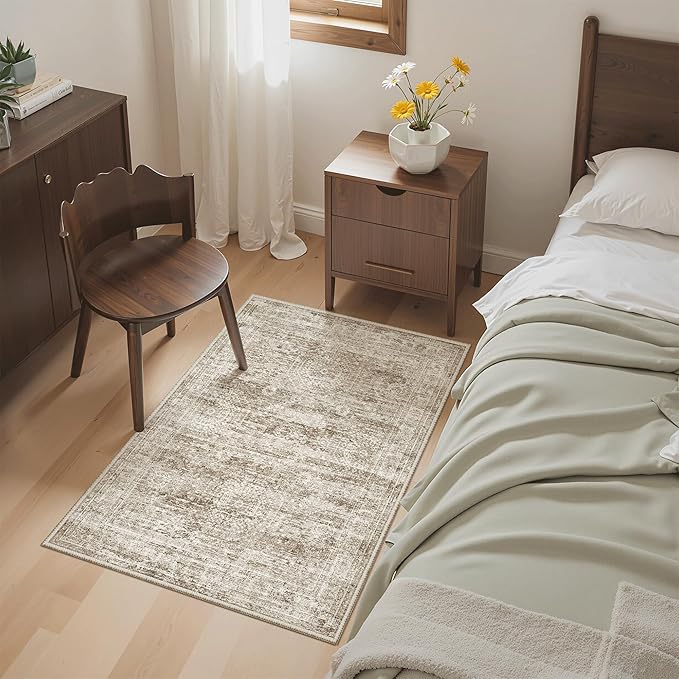 Soalmost 2x3 Washable Rugs for Kitchen, Floor, Entryway, Powder Room Small Area Rug Non-Slip Vintage Low Pile Throw Door Mat Brown