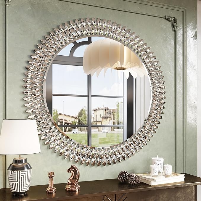 Kelly Miller 36" Large Round Jeweled Wall Mirror, Luxury Diamond Beveled Decorative Mirror for Bedroom Living Room Bathroom Hallway Entryway Fireplace