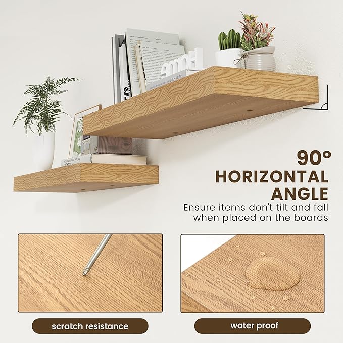 FLYJOE Deep Floating Shelves | 36 Inch Oak Floating Shelves Set of 2 | 12 Inch Deep Rustic Wood Shelves for Wall | 36" W x 12" D Oak Shelves for Living Room Bathroom Laundry Room Kitchen