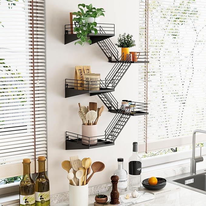 Fire Escape Shelf - 5 Tier Large Metal Black Fire Escape Wall Shelves with Baskets, New York Action Figurine Display Shelf, Unique Rustic Floating Decorative Wall Shelves for Home