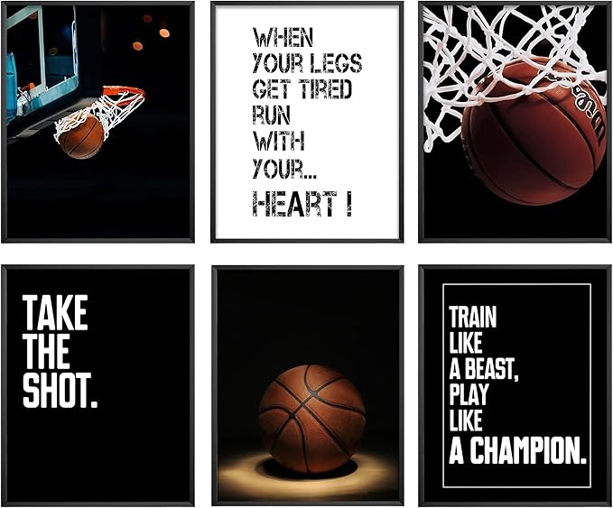 Eastern Print Inspirational Basketball Wall Art Prints, Set Of 6pcs Basketball Sports Posters for Sports Fans Boys, Teen Guys Room, Dorm, Bedroom Wall Decor Gift, Unframed (8X10 inch)