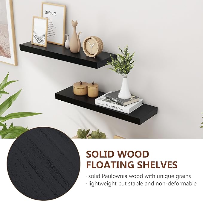 fuqing Black Floating Shelves | 24 Inch Wood Floating Shelves for Wall Set of 2 | 24" W x 6.7" D x 1.4" H Rustic Black Wooden Shelves for Bathroom Living Room Bedroom Kitchen
