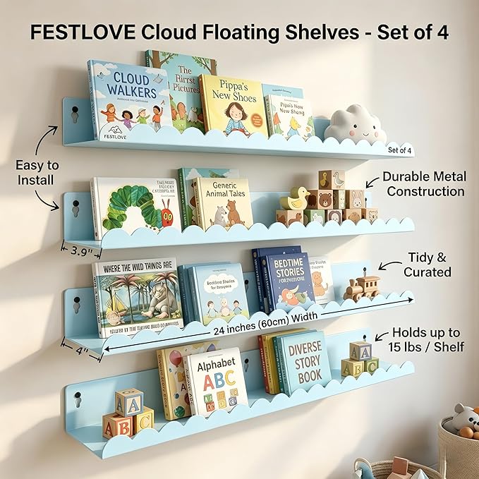 24 Inch Nursery Book Shelves Set of 4, Blue Metal Floating Shelves for Wall, Scalloped Cloud Book Shelf for Kids Room, Bathroom, Bedroom, Playroom Wall Decor & Storage