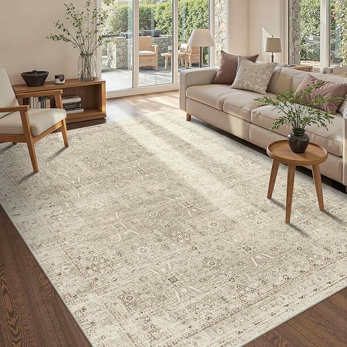 Rugxara 5x7 Area Rugs for Living Room Bedroom, Beige Washable Neutral Rug, Vintage Floral Retro Boho Non Slip & Low Pile Carpet for Dining Room, Classroom, Dorm, Nursery and Kids Room-Beige/Cream