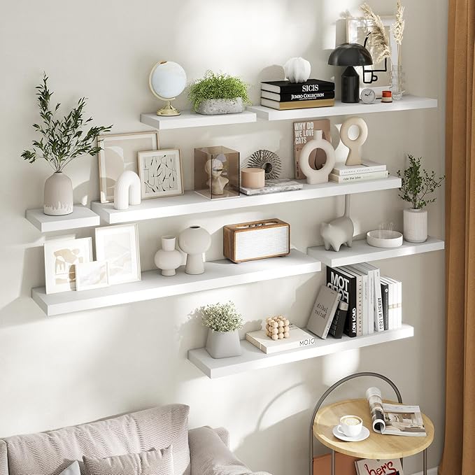 36 Inch Floating Shelves for Wall with Invisible Brackets Set of 2, 8"D Engineered Wood Wall Shelves with Wood Grain for Living Room, Bedroom, Bathroom, Kitchen Decor and Storage, White Finish