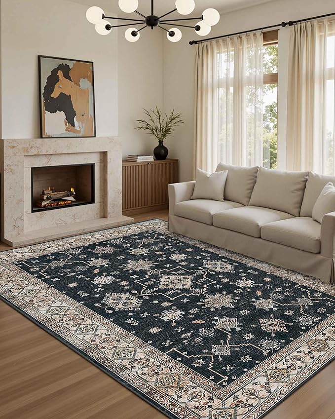 Rugxara 6x9 Area Rugs for Living Room Bedroom, Large Washable Rug, Black Vintage Floral Boho Rug, Non Slip & Low Pile Faux Wool Thin Carpet for Indoor Dining Room, Dorm and Kids Room(Black 6x9ft)
