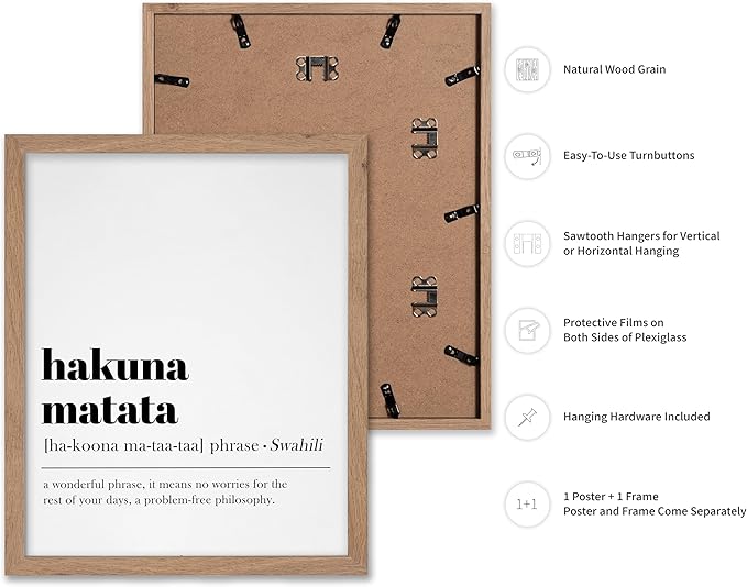 Poster Master Typography Poster - Dictionary Print - Hakuna Matata Definition, Wonderful Phrase, No Worries, Funny, Motivational - Gift for Kids, Friend - Wall Decor for Home, 11x14 Beige Framed