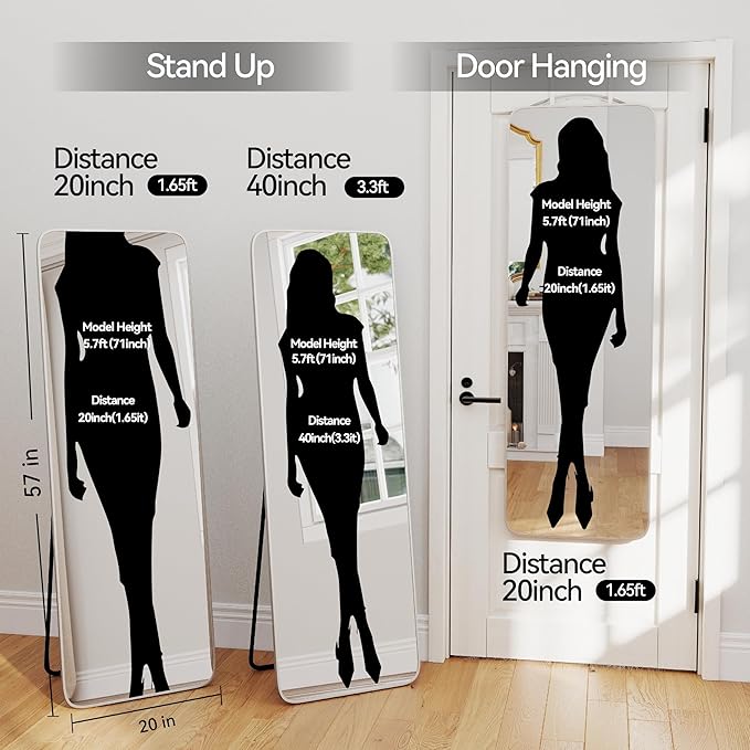 SCWF-GZ 57x20 Door Hanging Full Length Mirror, Floor Stand (Height 5.7ft just Body in1.3ft) Wall Mounted Metal Frame Rectangle Dressing Mirrors for Bedroom Room 57 inch Silver