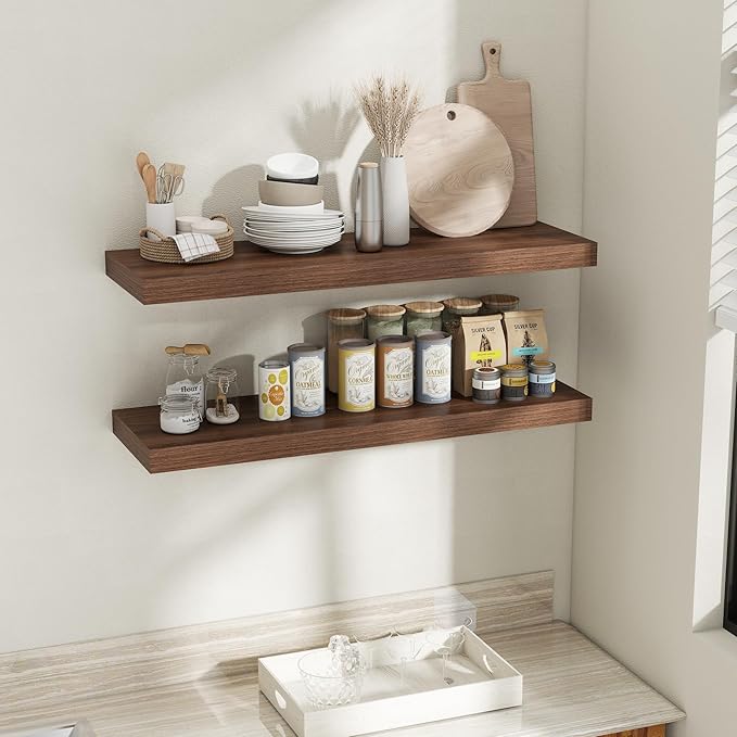 Fun Memories 12 Inch Deep Floating Shelves, 40 x 12 Floating Shelves for Wall Set of 2, Extra Deeper Hanging Wood Wall Shelves for Bedroom, Living Room, Kitchen, Walnut