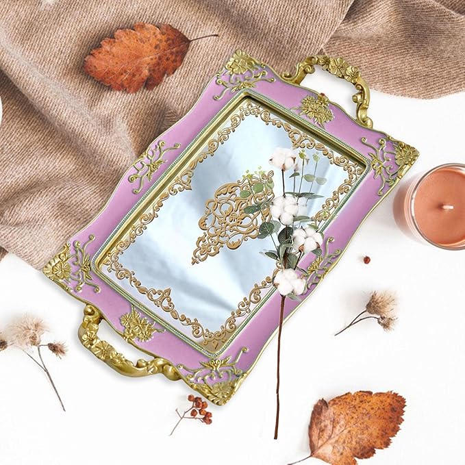 French Style Decorative Mirror Tray, Dresser Counter Coffee Table Jewelry Perfume Organizer for Makeup Jewelry (Purple)