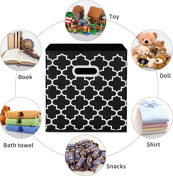 Fabric Cloth Storage Bins,Fabric Cube Organizer with Dual Handles Foldable Cube Storage Baskets for Home Bedroom Storage,Set of 6,(Black light)
