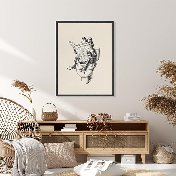RINMFEO Funny Frog Bathroom Canvas Art Retro Frog on Toilet Reading Newspaper Quirky Wall Decor Playful Animal Poster 16x24inch Black frame