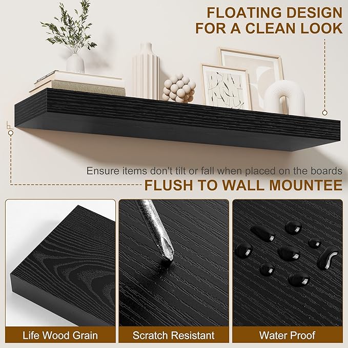 Fun Memories Floating Shelves for Wall, 20Inch Floating Shelves Set of 2, Hanging Shelf with Invisible Brackets, Wood Shelves for Living Room, Bedroom, Kitchen, Black