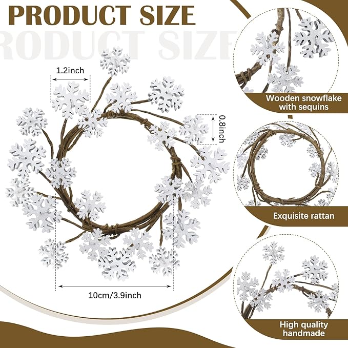 Daifunli 2 Pcs Winter Candle Rings Snowflake Wreath Glitter Vintage Wood Wreaths for Pillar 3.9 Inch Frosty Candles Holder for Winter Christmas Xmas Wedding Home Rustic Table Centerpiece Decor