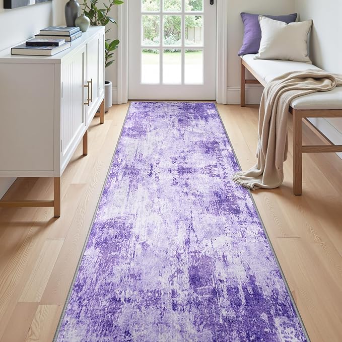 RELEANY Washable Area Rugs 2'x10' Non-Slip Modern Abstract Soft for Living Room Entryway Bedroom Nursery, Print Pattern, Purple Gray Pink White