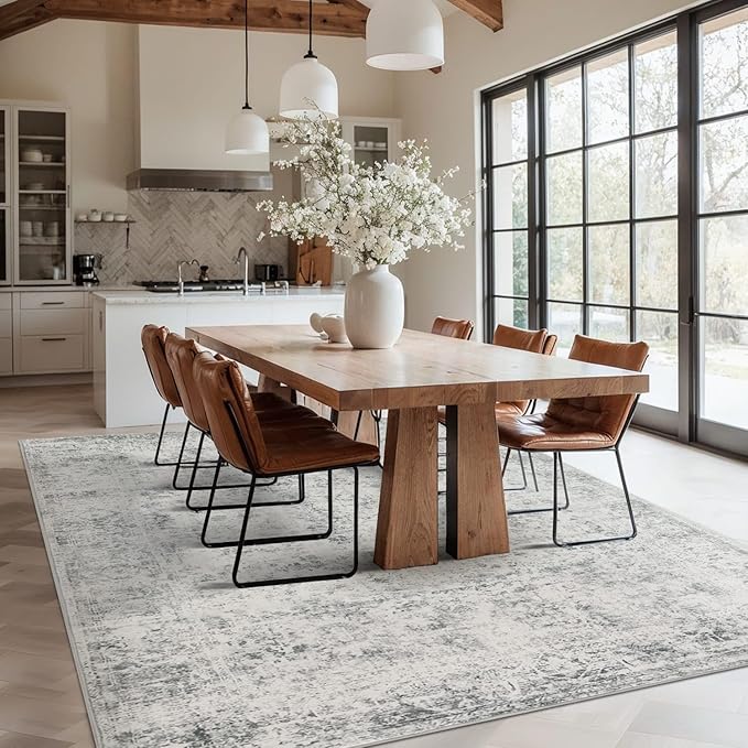 Rugxara 6x9 Area Rugs for Living Room Bedroom, Large Washable Rug, Grey Vintage Abstract Boho Rug, Non Slip & Low Pile Faux Wool Carpet for Indoor Dining Room, Farmhouse and Kids Room(Grey 6x9ft)