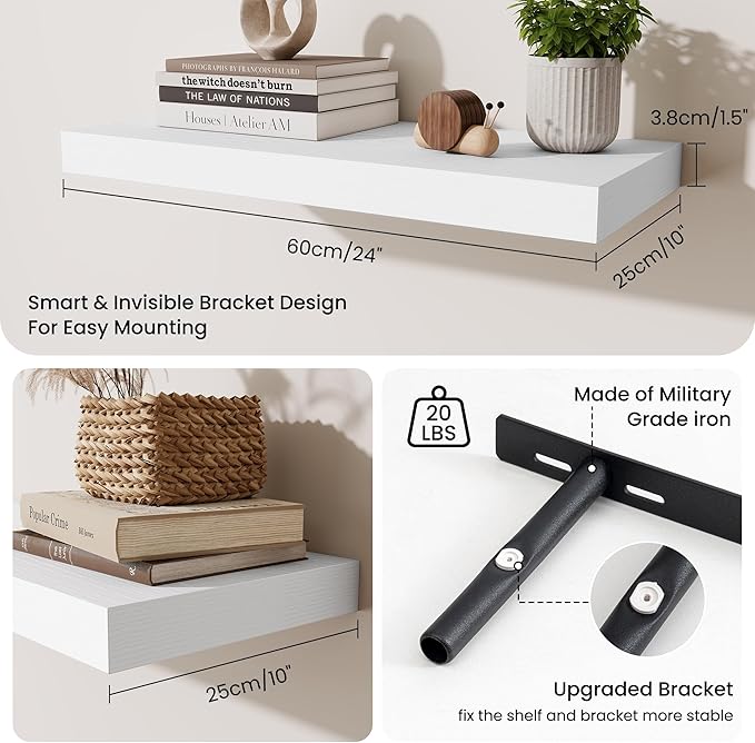 Fun Memories 24 x 10 Floating Shelves Wall-Mounted - Rustic Wood Shelf - 10 Inch Deep Floating Shelves for Wall - Large Storage Shelf for Bathroom - Kitchen & Bedroom - White - Set of 2
