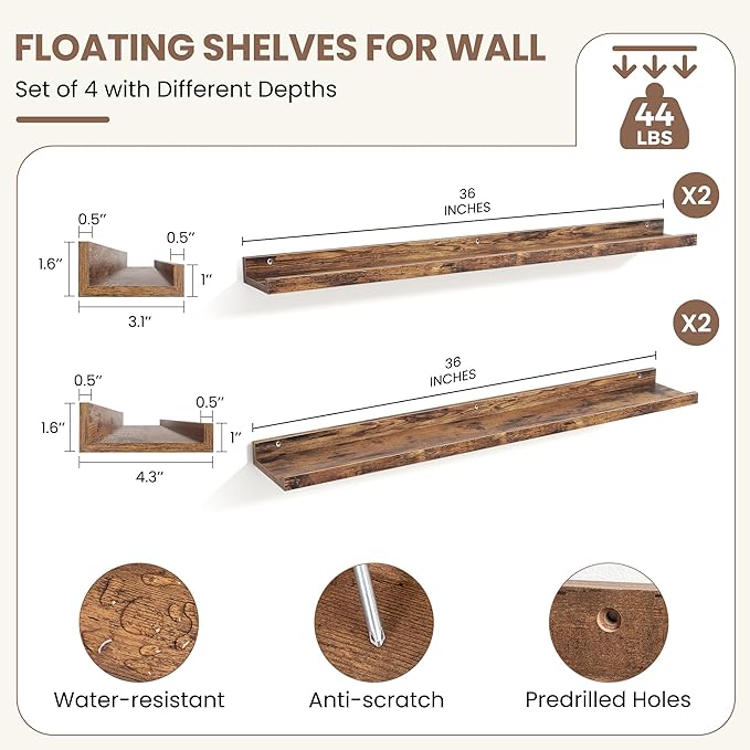 Fun Memories Picture Ledge Shelf, Floating Shelves Set of 4, 36 Inch Picture Shelves for Wall with Ledge, Large Nursery Book Shelf for Toys Storage, Living Room, Bedroom Decor Frames, Rustic Brown
