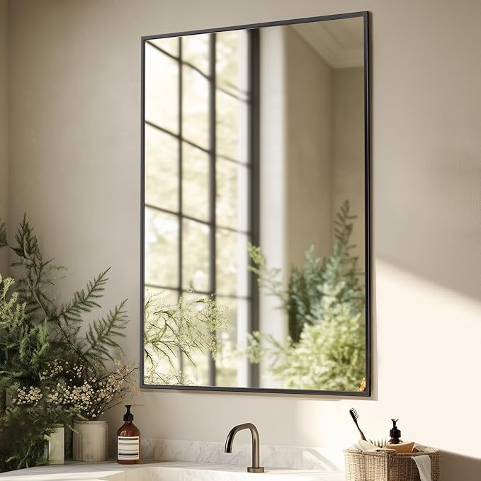 Antok 40x30 Black Metal Framed Bathroom Mirror, Wall Mirror with Rect Corners, Vanity Mirror for Over Sink, Anti-Rust Tempered Glass, Horizontal/Vertical Hanging for Bathroom, Living Room, Entryway