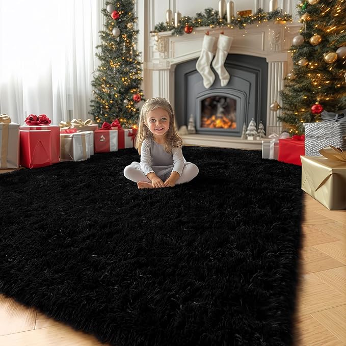 8x10 Black Rug for Living Room Bedroom, Large Big Fluffy Modern Area Rugs for Kids Room Decor Aesthetic, Shaggy Furry Floor Carpet for Dorm Office Playroom Nursery Classroom, Baby Teen Boys Men Rug