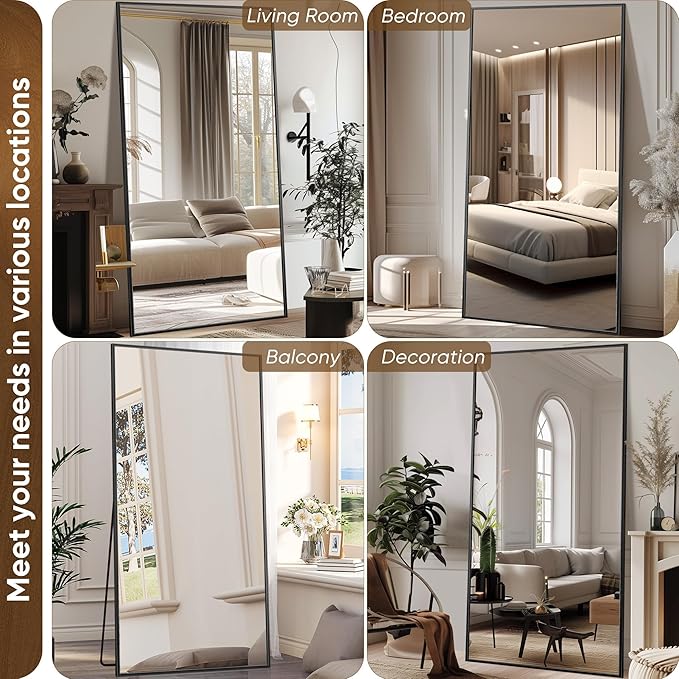 Antok Full Length Mirror, 44"x88" Floor Mirror with Stand, Hanging Mounted Mirrors for Bedroom, Living Room, Cloakroom, Dining Room, Black, Rect