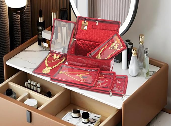 atorakushon Fabric Jewellery Organizer Make Up Kit with 5 Pouch (Maroon, Large)