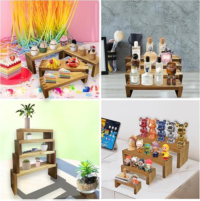 8Pcs Wood Risers Display Stands 2 Set, 4 Tier Rectangular Spice Rack for Food, Desserts, Cup Cake Stand, Large Tiered Shelf Organizer for Perfume, Makeup, Dolls, Collectibles