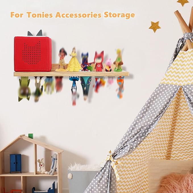 PHOENANCEE for Tonies Shelf Magnetic,for Tonie Figures Wall Shelves,for Toniebox Shelf Audio Toy Figurine Holder Organizer (Storage 36 Character),Compatible Charging Station for Kid's Room,Oak,1 Tier