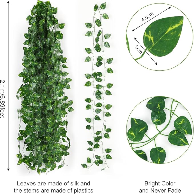 CEWOR 10 Pack Artificial Vines for Room Decor, Artificial Ivy Greenery Garland Fake Vines Hanging Plants Backdrop, Faux Green Leaves for Home Bedroom Wall Decoration