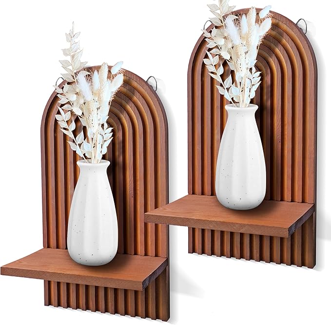 2 Pieces Boho Wall Shelf, Mid Century Shelves, Decorative Storage Unit, Decorative Bohemian Rainbow Hanging Shelves for Bathroom, Bedroom, Kitchen, Living Room, Laundry Room (Brown)