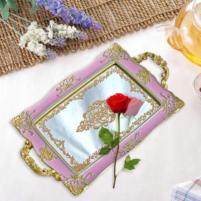 French Style Decorative Mirror Tray, Dresser Counter Coffee Table Jewelry Perfume Organizer for Makeup Jewelry (Purple)