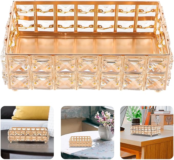 Ipetboom European Style Gold Decorative Vanity Tray for Perfume and Lipstick Storage, Small Crystal Makeup Organizer for Bathroom Counter and Dresser Accessories