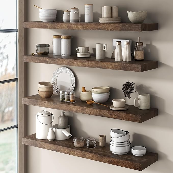 Venusmiles Elm Floating Shelves for Wall Decor, Rustic Solid Wood Shevles Wall Mounted with Invisible Bracket for Living Room Bathroom Bedroom Kitchen, 36 Inch Set of 2, Walnut