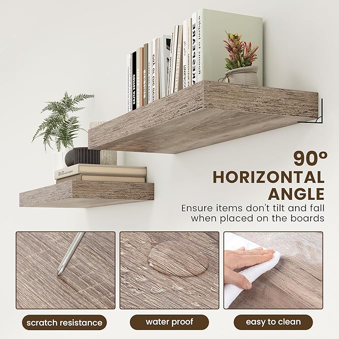 FLYJOE 30 Inch Floating Shelves | 12 Inch Deep Grey Floating Shelves | 30" W x 12" D Rustic Wood Shelves for Wall | Deep Grey Shelves for Living Room Bathroom Laundry Room Kitchen