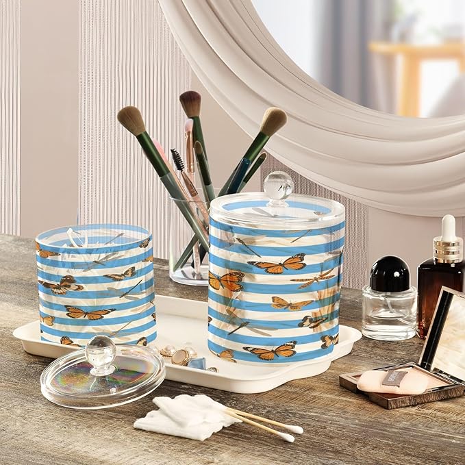 Blue White Striped Butterfly Dragonfly Clear Plastic Makeup Organizer Storage with lid Pantry Essentials Decorative Dental floss storage jar for Cotton Swabs,Cotton Pads,Floss Picks,Paper