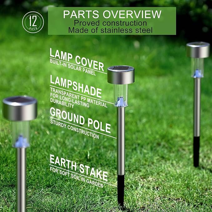 Dream Master Solar Lights Outdoor Waterproof, Stainless Steel LED Landscape Lighting, Solar Garden Lights, Outdoor Decorations for Yard, Pathway, Walkway, Patio, Lawn - 12 Pack (Multicolor)