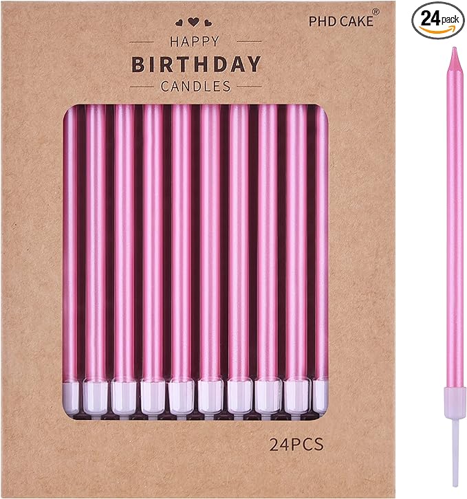 PHD CAKE Pink Long Thin Metallic Birthday Candles, Cake Candles, Birthday Parties, Wedding Decorations, Party Candles