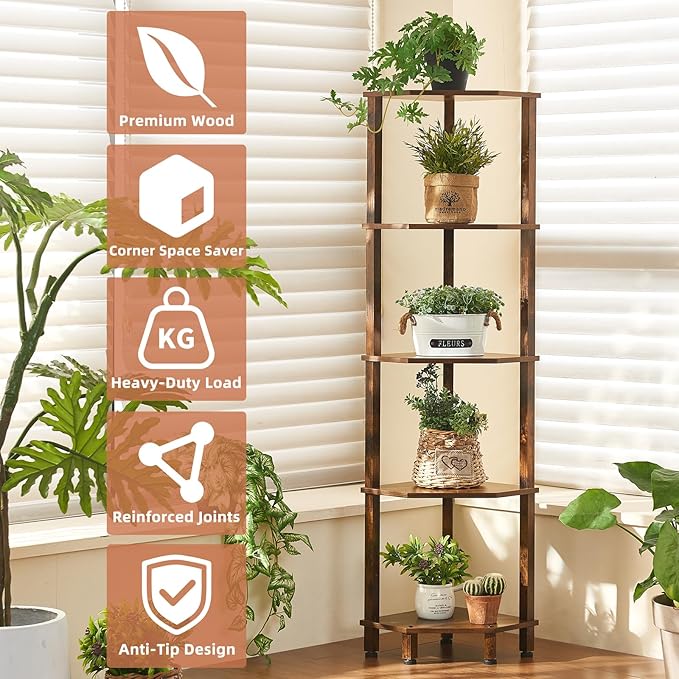 YUFAM 5-Tier Corner Shelf with Sturdy 5-Leg Base, 52in Tall Narrow Bookcase for Small Spaces, Wooden Plant Display Shelf, Thin Bookshelf for Living Room, Bedroom, Office, Brown