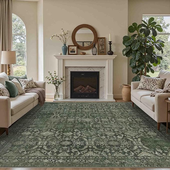 Rugxara 8x10 Area Rugs for Living Room Bedroom, Large Washable Rug, Green Vintage Floral Boho Rug, Non Slip & Low Pile Faux Wool Thin Carpet for Indoor Dining Room and Kids Room(Green 8x10ft)
