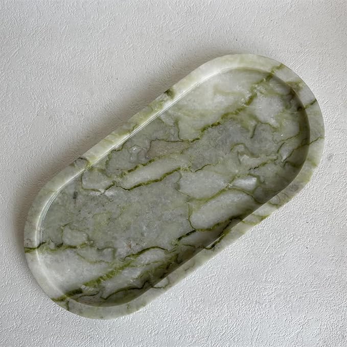 Natural Marble Oval Tray Ornaments Vintage Small Tray Storage Dish for Counter, Vanity, Dresser, Nightstand and Desk (Green Emerald)