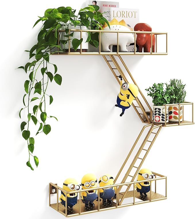 Fire Escape Shelf - 3 Tier Metal Glod Fire Escape Wall Shelves with Baskets, New York Action Figurine Display Shelf, Unique Rustic Floating Decorative Wall Shelves for Any Room